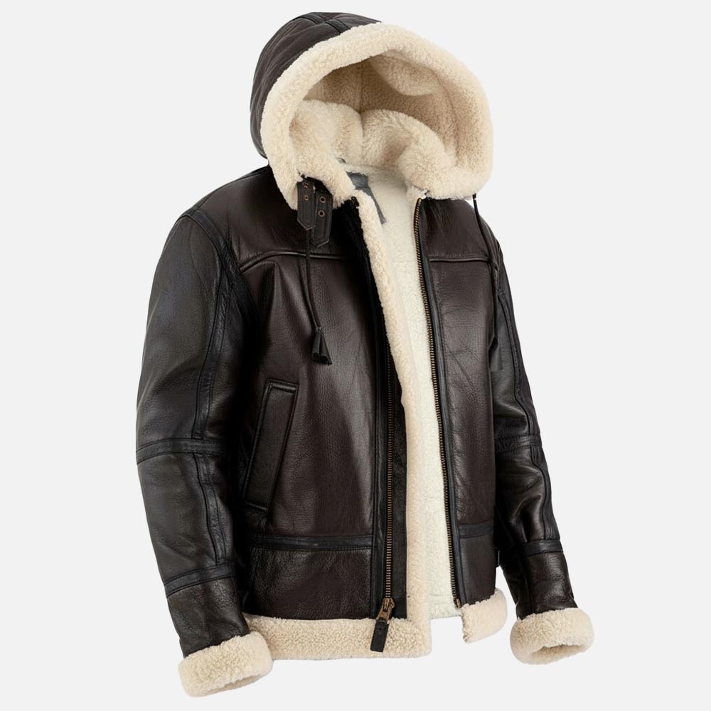 Livigno Brown & Cream Hooded Real Shearling Bomber Jacket front with hat cap