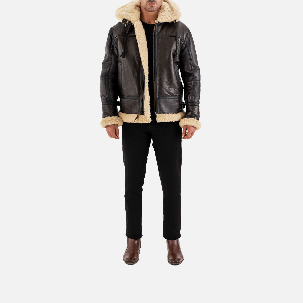 Livigno Brown & Cream Hooded Real Shearling Bomber Jacket full front