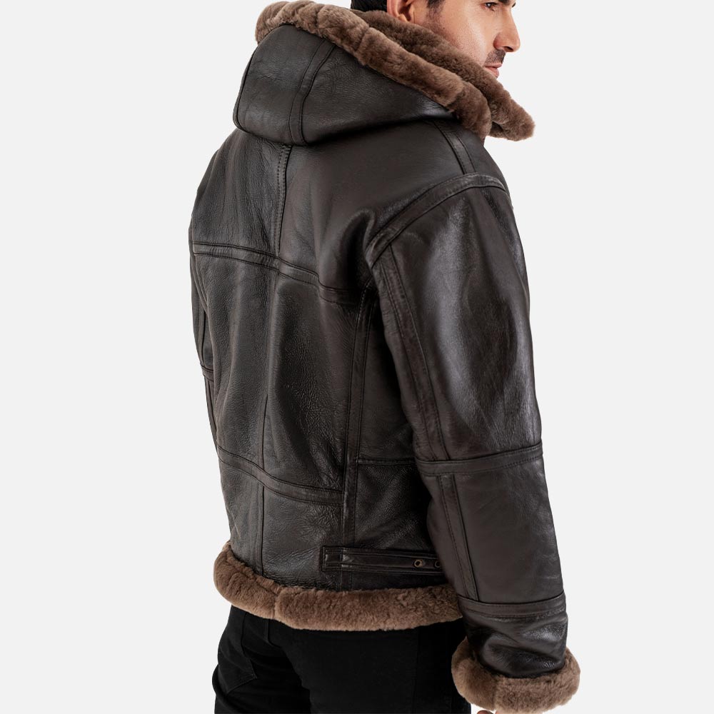 Livigno Brown Hooded Real Shearling Bomber Jacket back right view