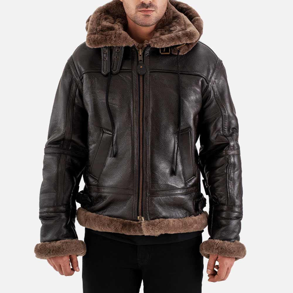 Livigno Brown Hooded Real Shearling Bomber Jacket front view