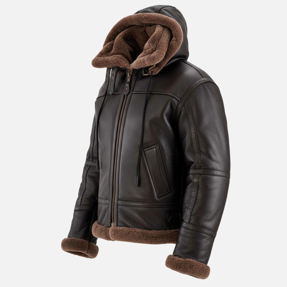 Livigno Brown Hooded Real Shearling Bomber Jacket front view with  cap