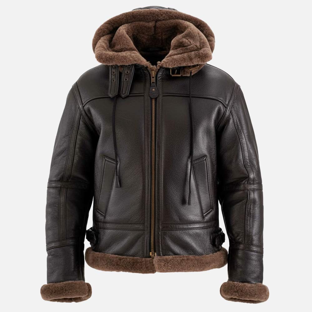 Livigno Brown Hooded Real Shearling Bomber Jacket front vieww