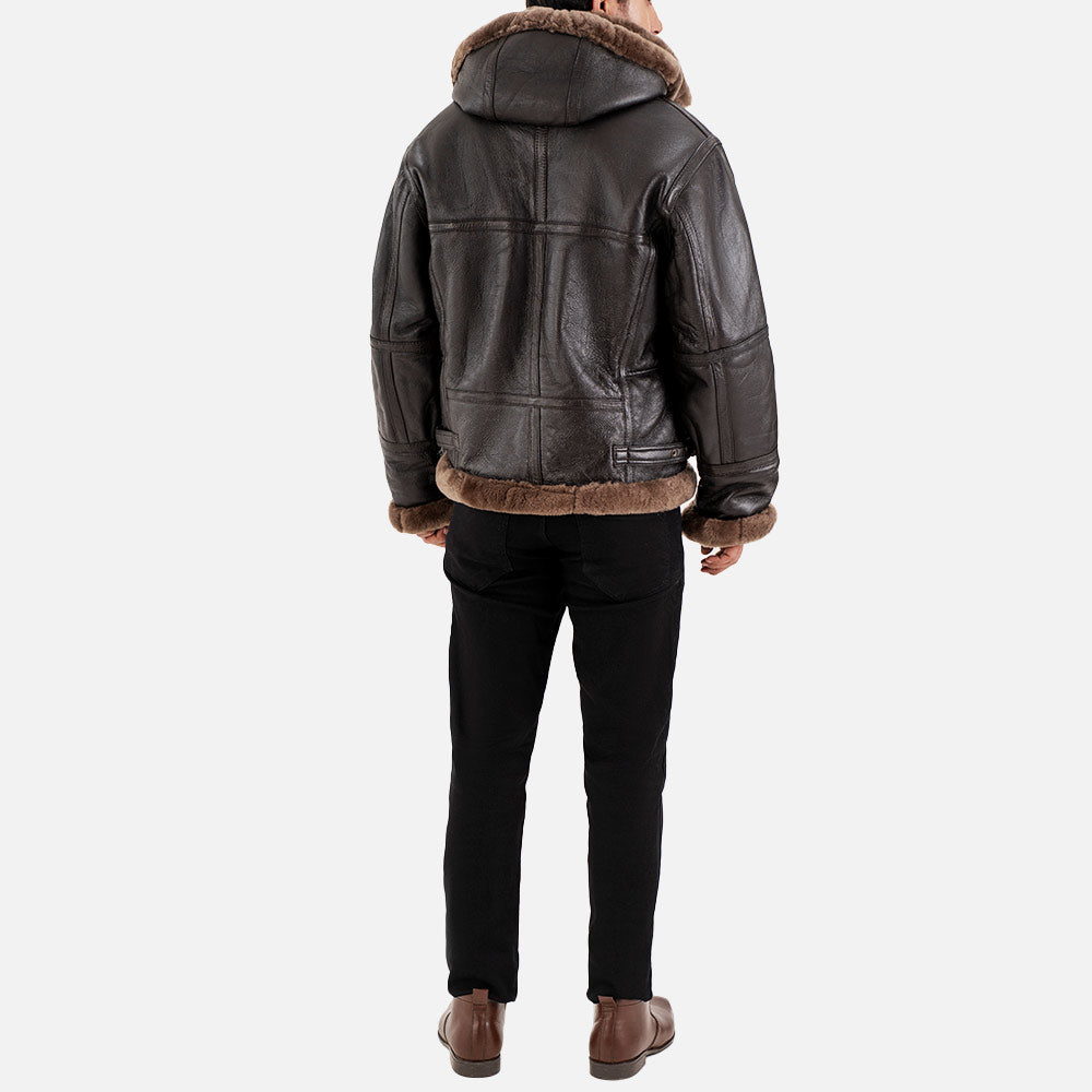 Livigno Brown Hooded Real Shearling Bomber Jacket ful back view