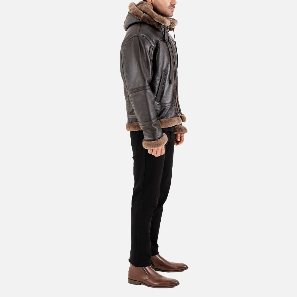 Livigno Brown Hooded Real Shearling Bomber Jacket full right view