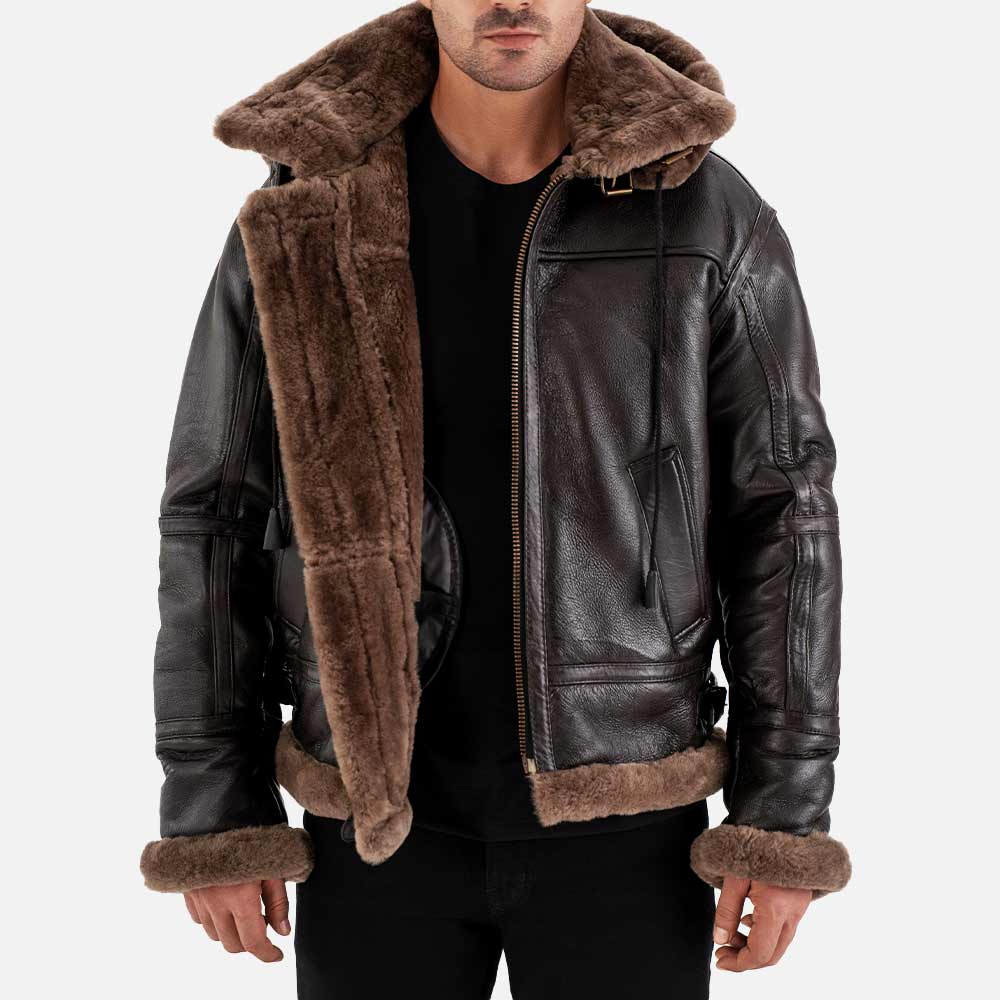 Livigno Brown Hooded Real Shearling Bomber Jacket  half open