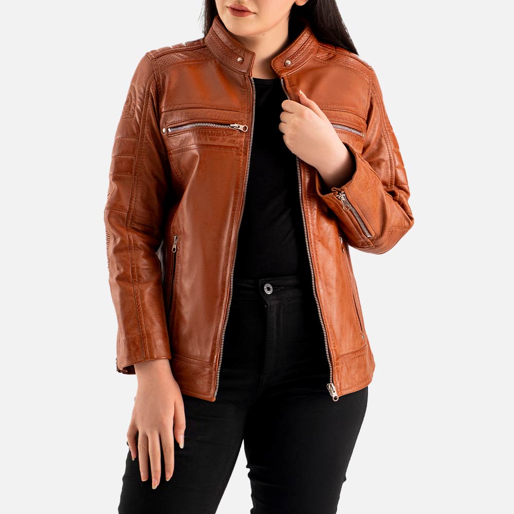 Lupa Tan Leather Biker Jacket Half Open