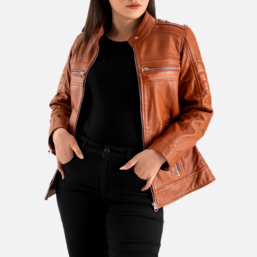 Lupa Tan Leather Biker Jacket  Open