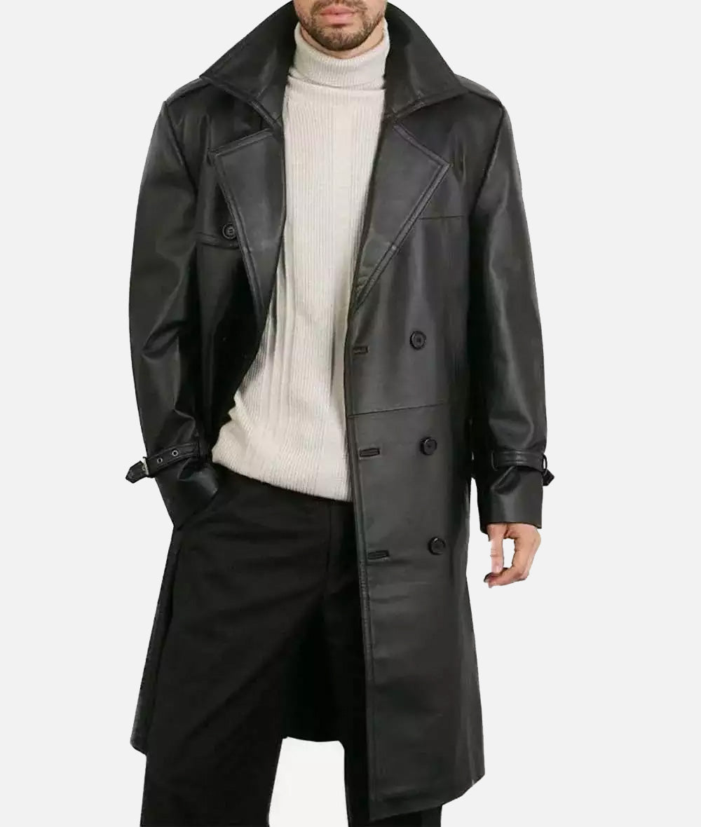 Mens Premium Double-Breasted Black Lambskin Leather Coat front view