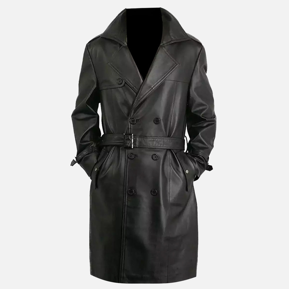 Mens Premium Double-Breasted Black Lambskin Leather Coat frontt view
