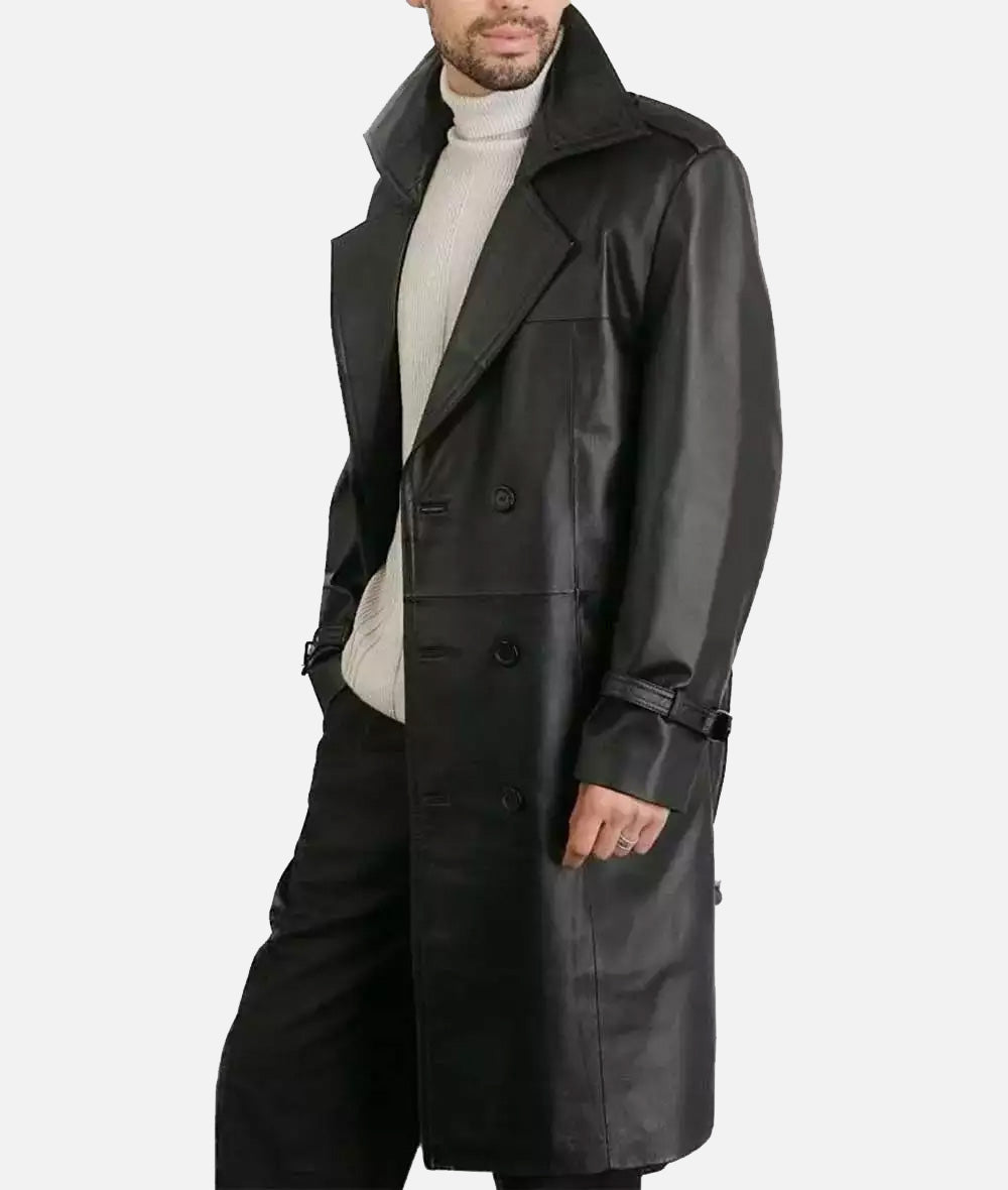 Mens Premium Double-Breasted Black Lambskin Leather Coat left