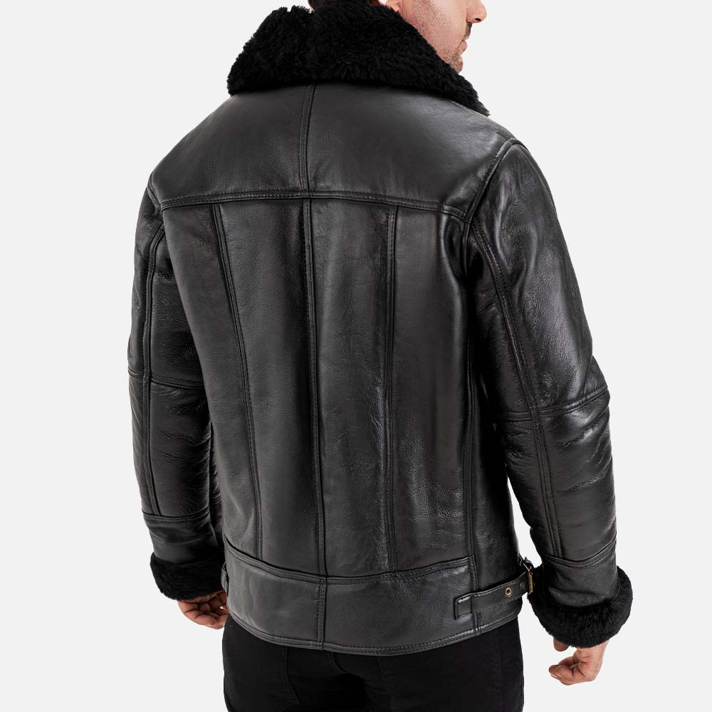 Merano Black Real Shearling Bomber Jacket back view