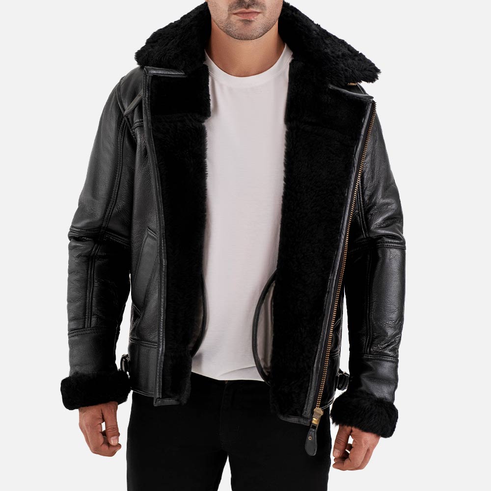 Merano Black Real Shearling Bomber Jacket front open