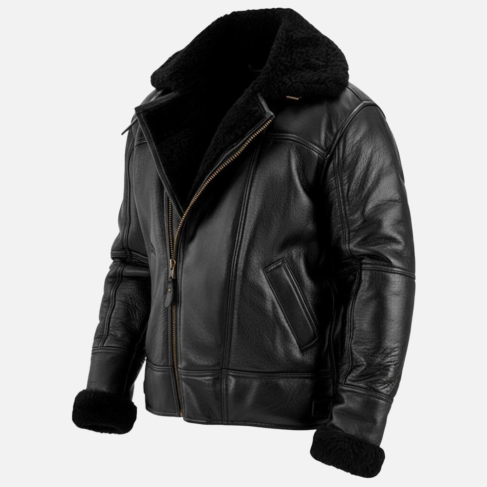 Merano Black Real Shearling Bomber Jacket front opn