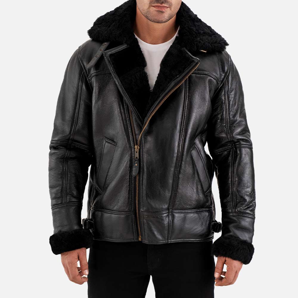 Merano Black Real Shearling Bomber Jacket front view