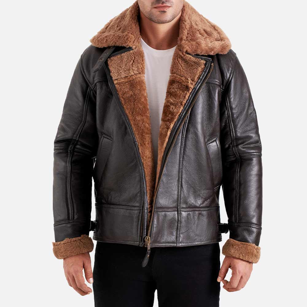 Merano Brown Real Shearling Bomber Jacket both hand
