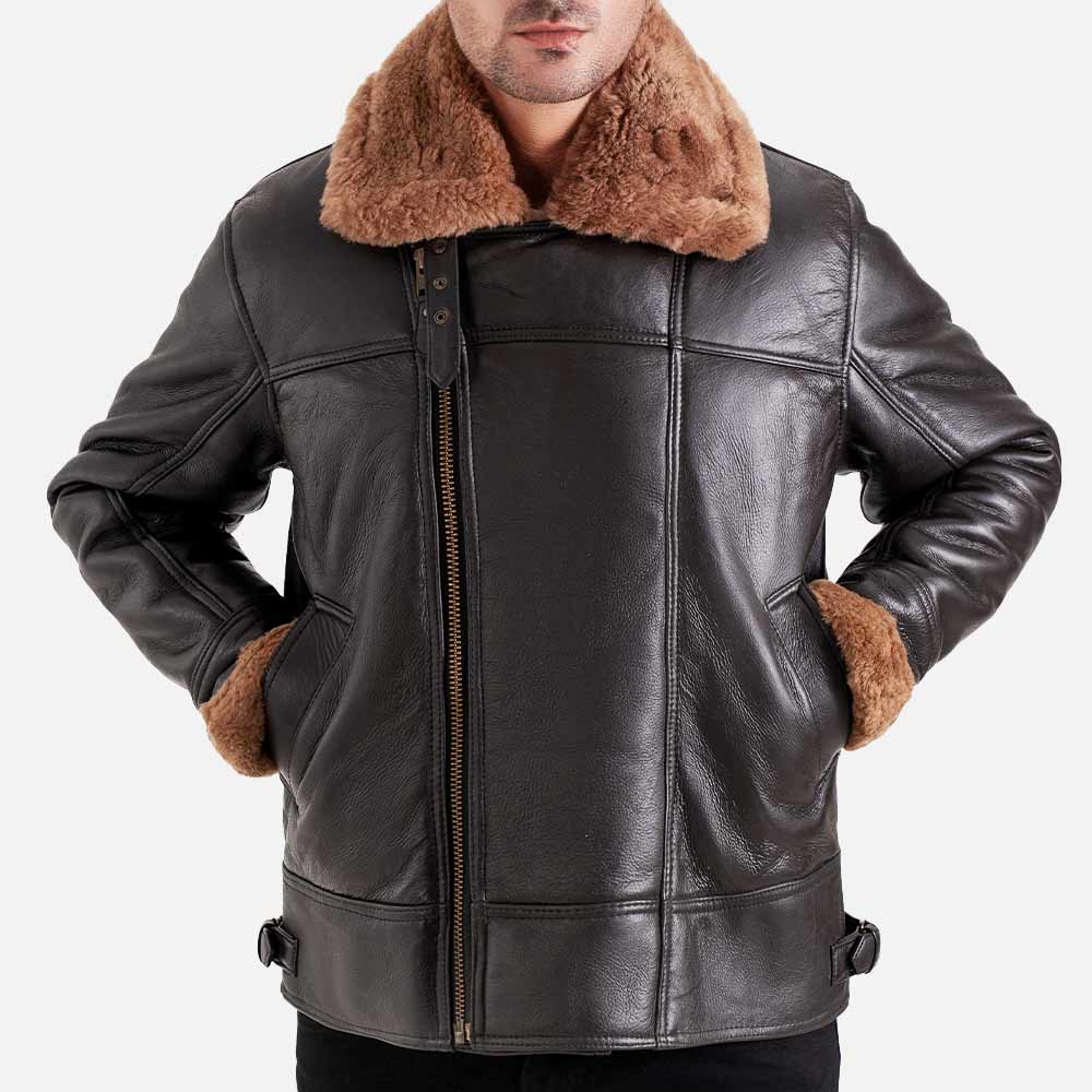 Merano Brown Real Shearling Bomber Jacket both hand n pocket