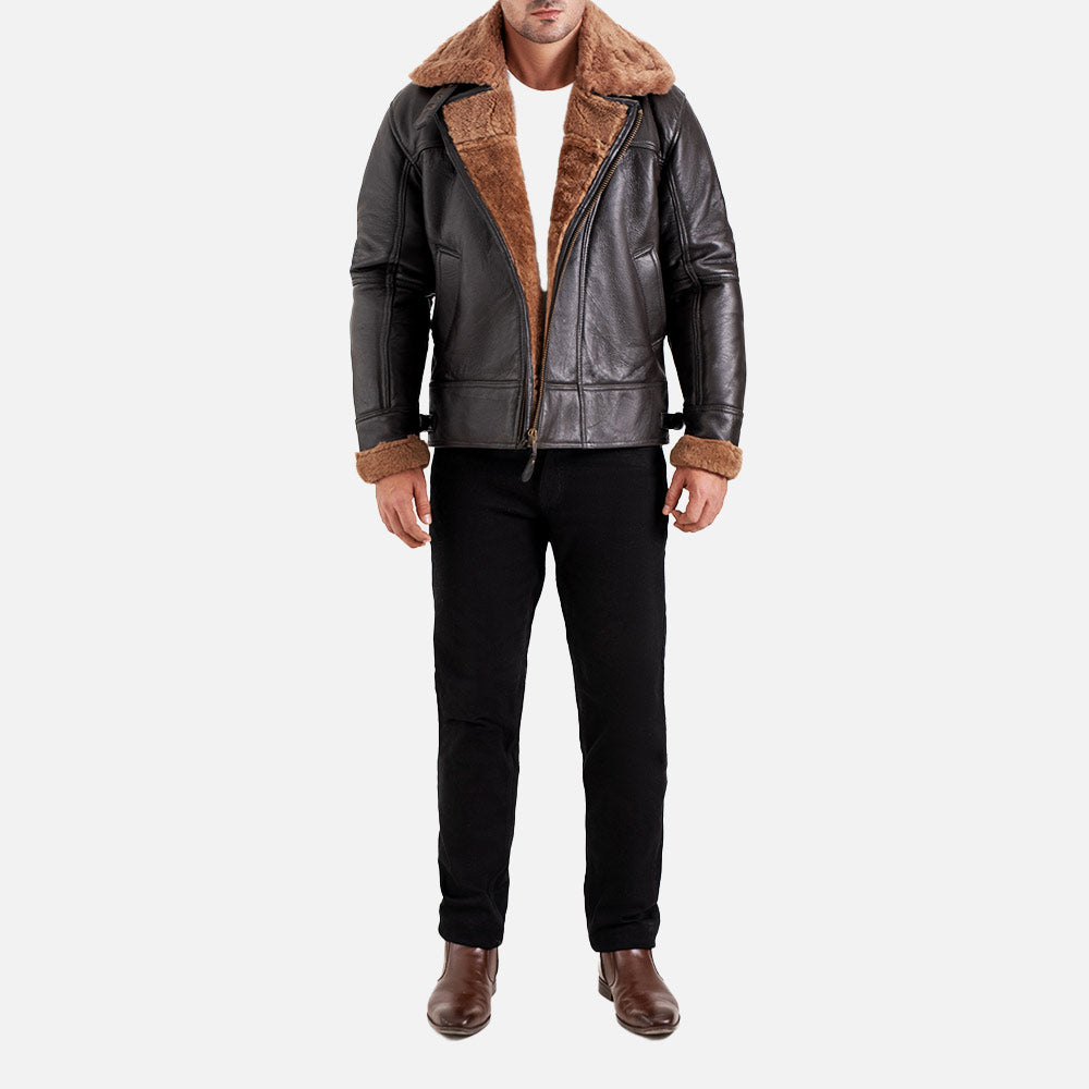 Merano Brown Real Shearling Bomber Jacket front full view