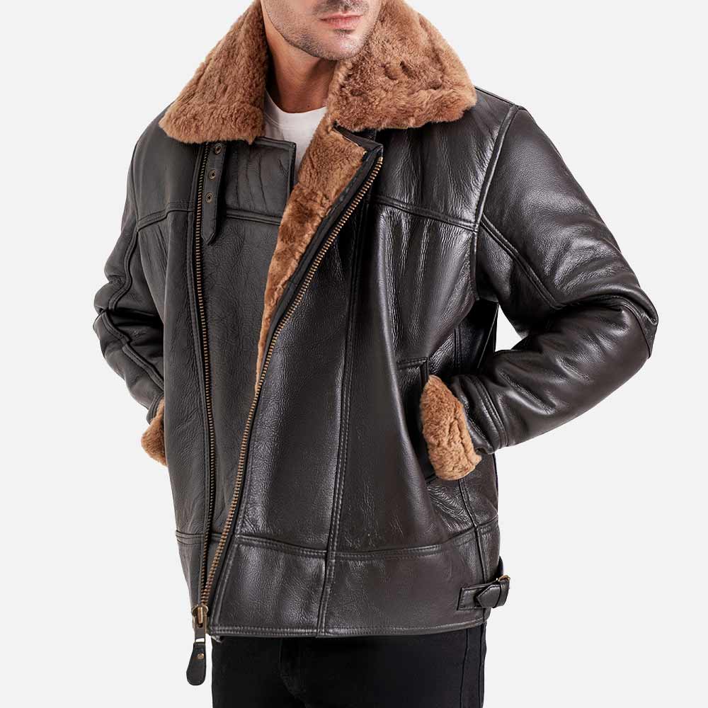 Merano Brown Real Shearling Bomber Jacket hand in pocket