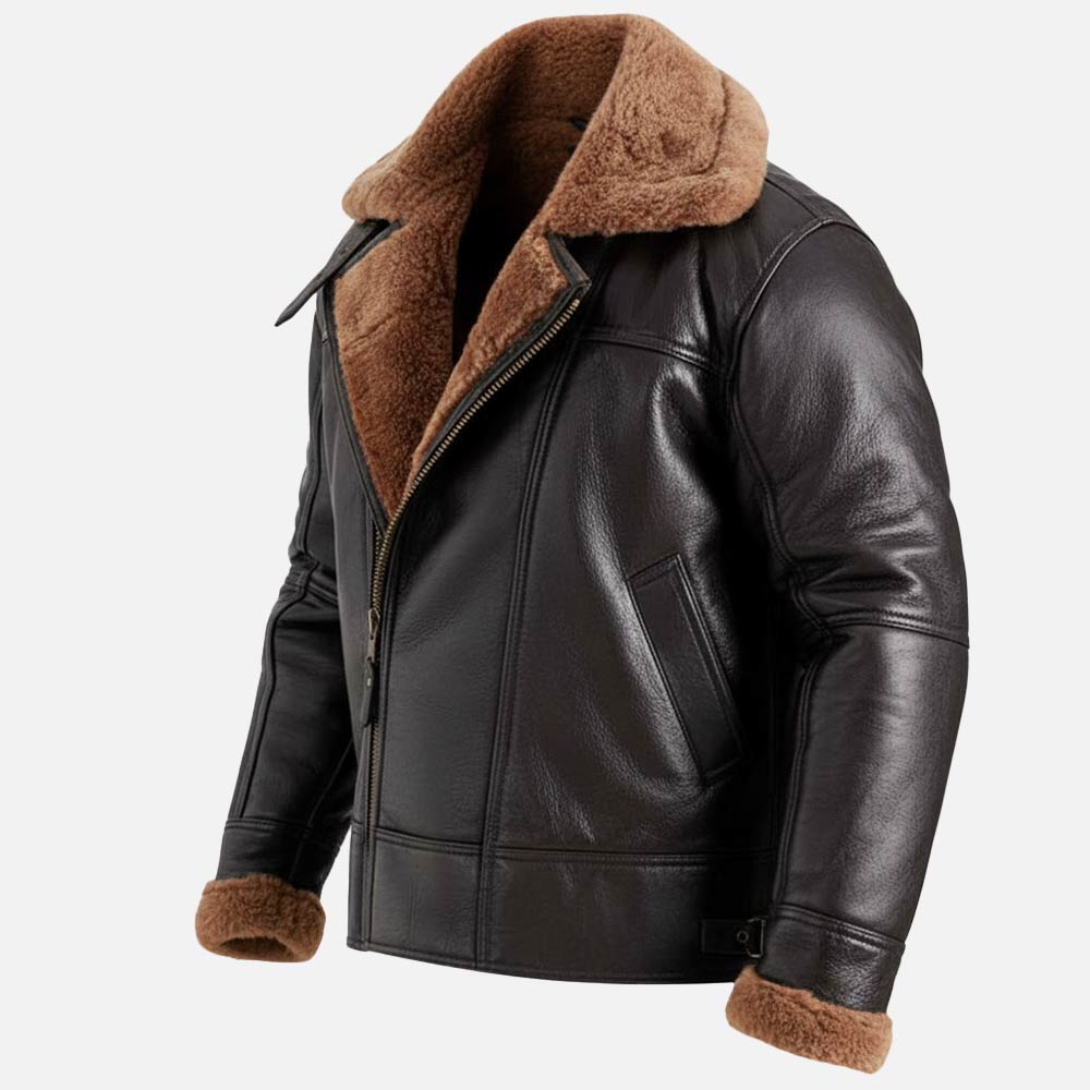 Merano Brown Real Shearling Bomber Jacket left