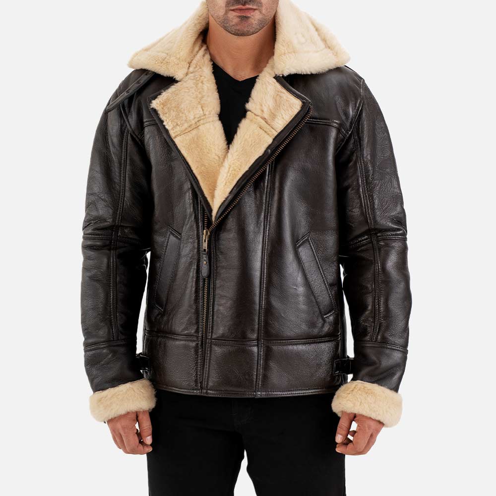 Merano Brown & White Real Shearling Bomber Jacket front