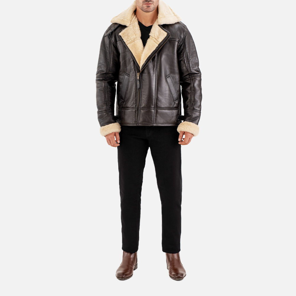 Merano Brown & White Real Shearling Bomber Jacket ful front view