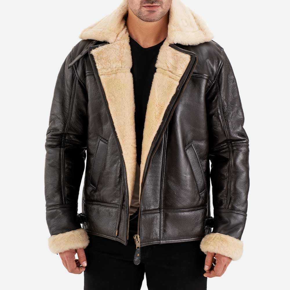 Merano Brown & White Real Shearling Bomber Jacket open front