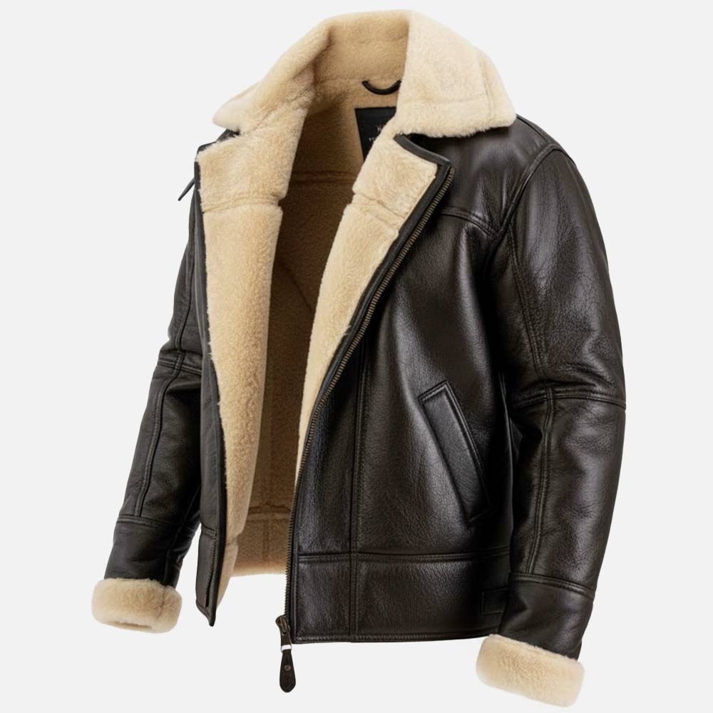 Merano Brown & White Real Shearling Bomber Jacket open view