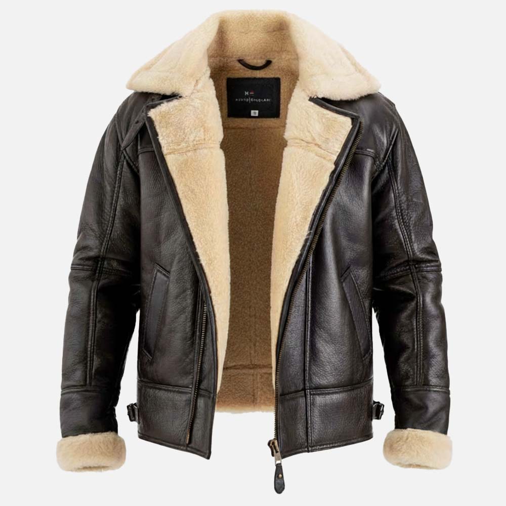 Merano Brown & White Real Shearling Bomber Jacket openn front