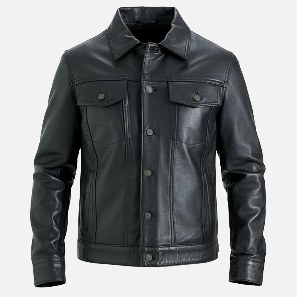Napoli Black Leather Trucker Jacket Front vieww