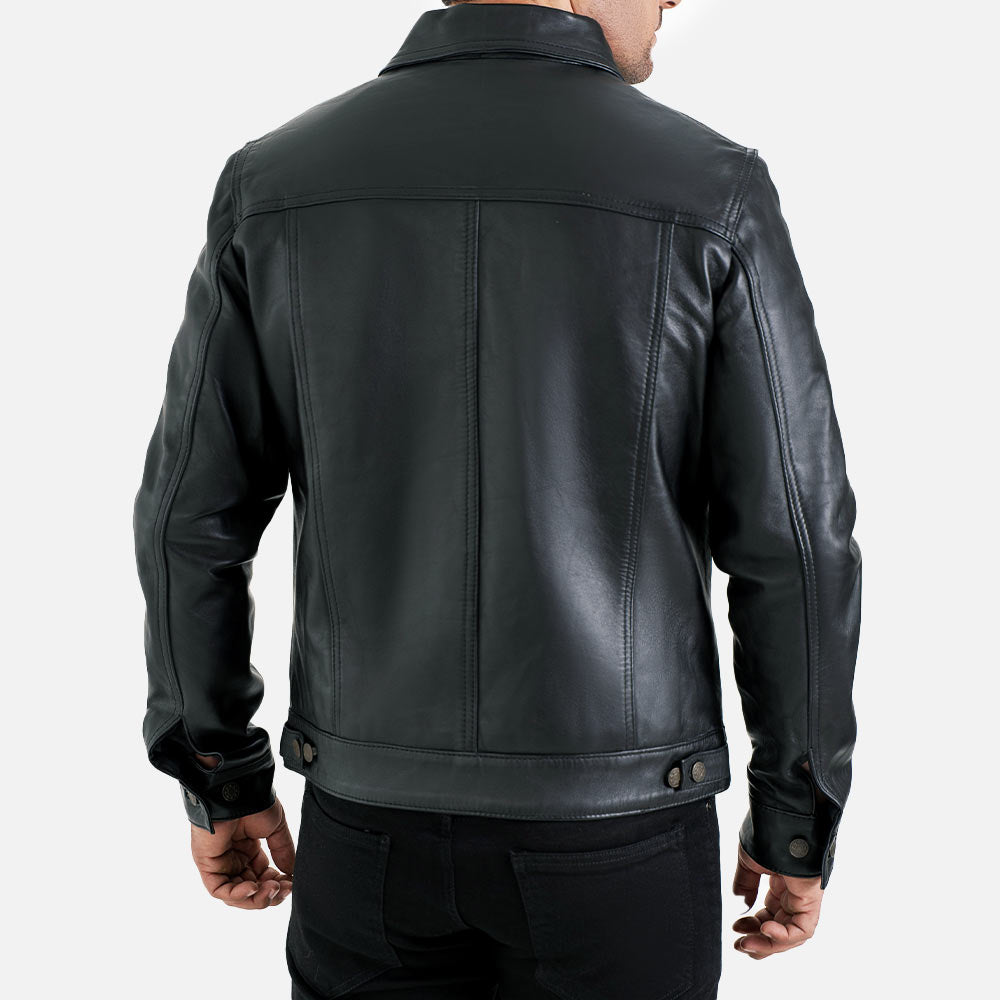 Napoli Black Leather Trucker Jacket back view