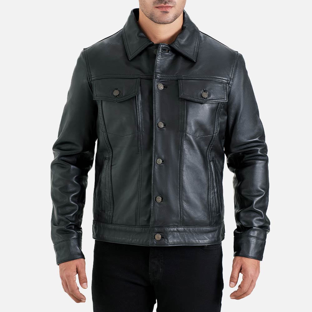 Napoli Black Leather Trucker Jacket both hand