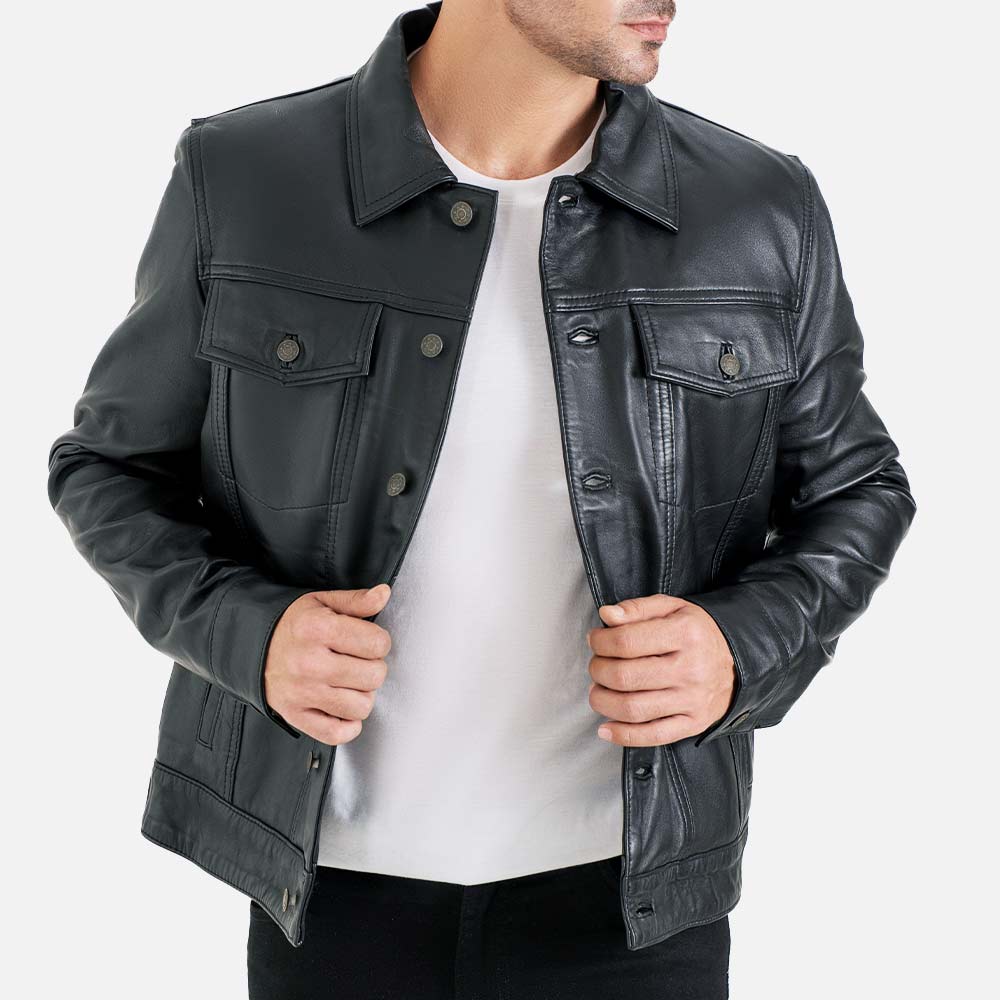 Napoli Black Leather Trucker Jacket  holding jacket