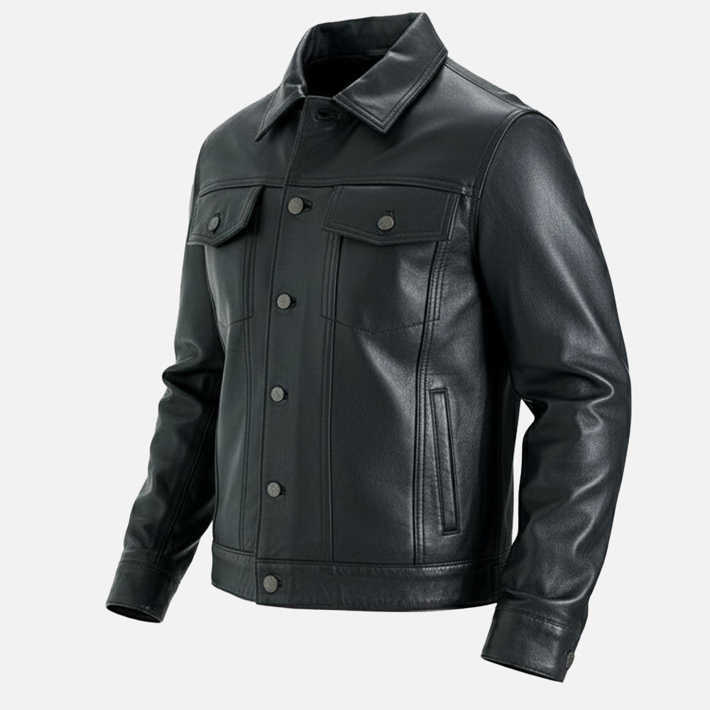 Napoli Black Leather Trucker Jacket left view