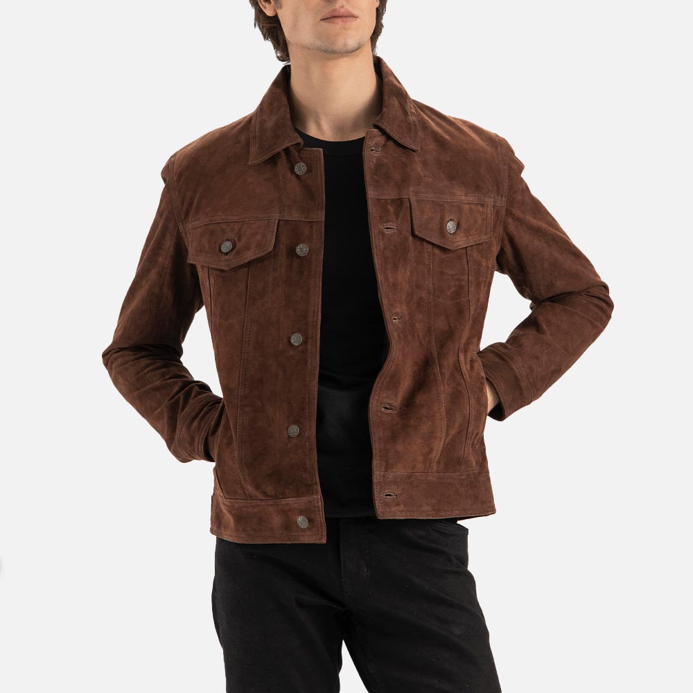 Napoli Brown Suede Leather Trucker Jacket  both hand in poket