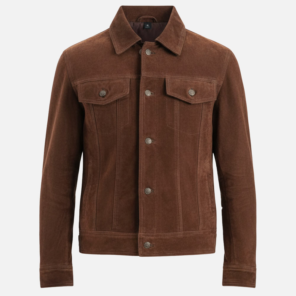 Napoli Brown Suede Leather Trucker Jacket for Men | Marco Enzolani