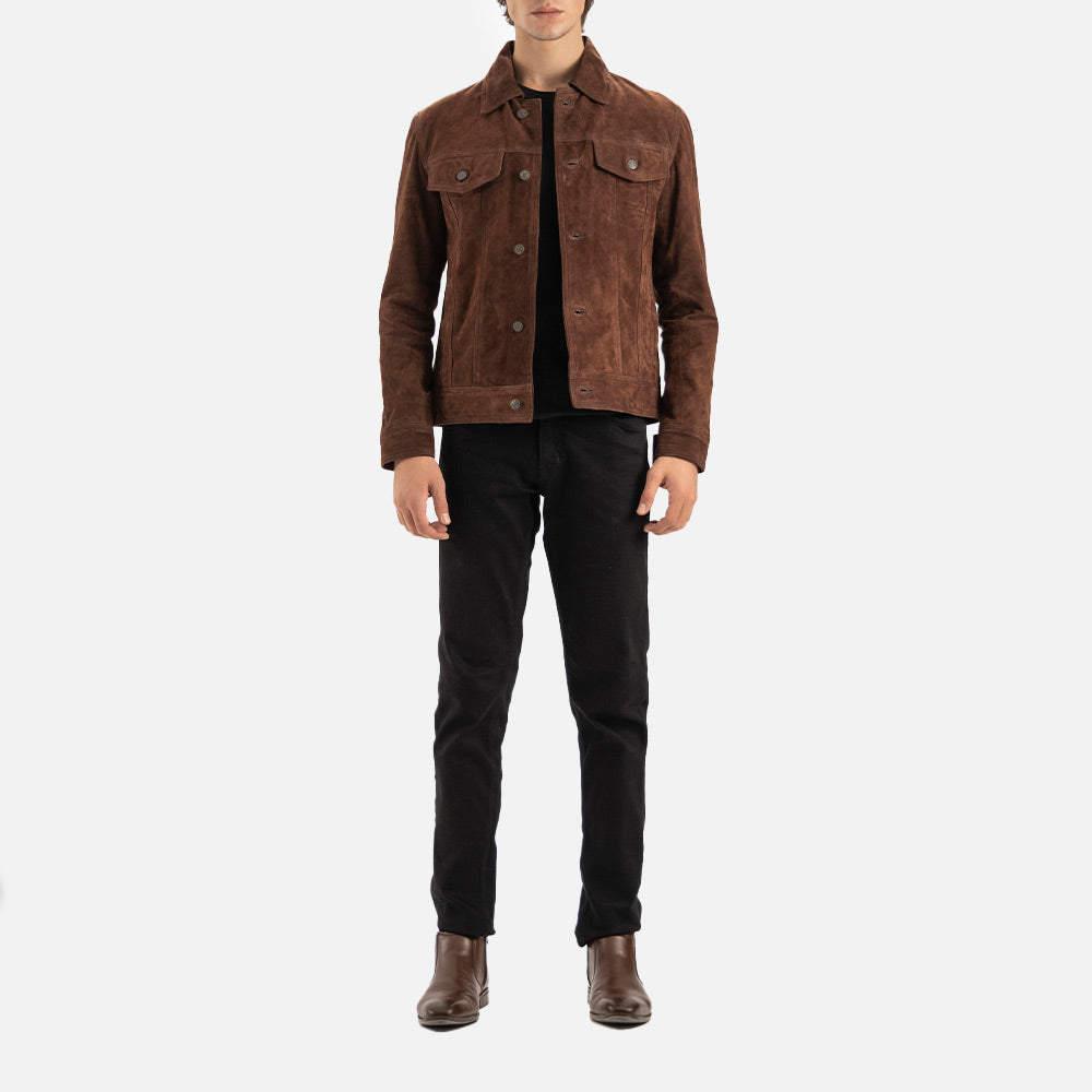 Napoli Brown Suede Leather Trucker Jacket full front view