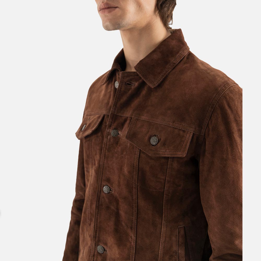Napoli Brown Suede Leather Trucker Jacket half body view