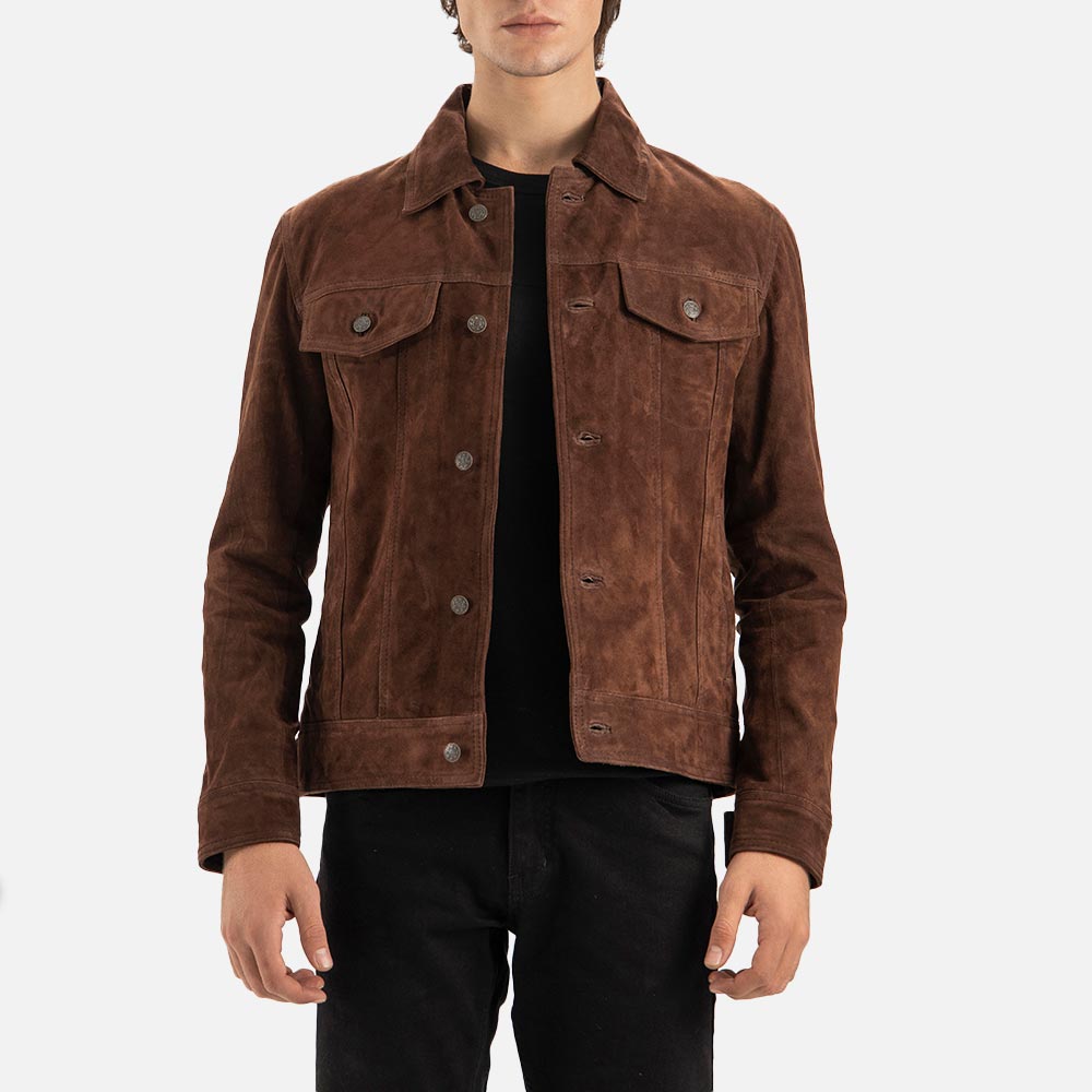 Napoli Brown Suede Leather Trucker Jacket half front view