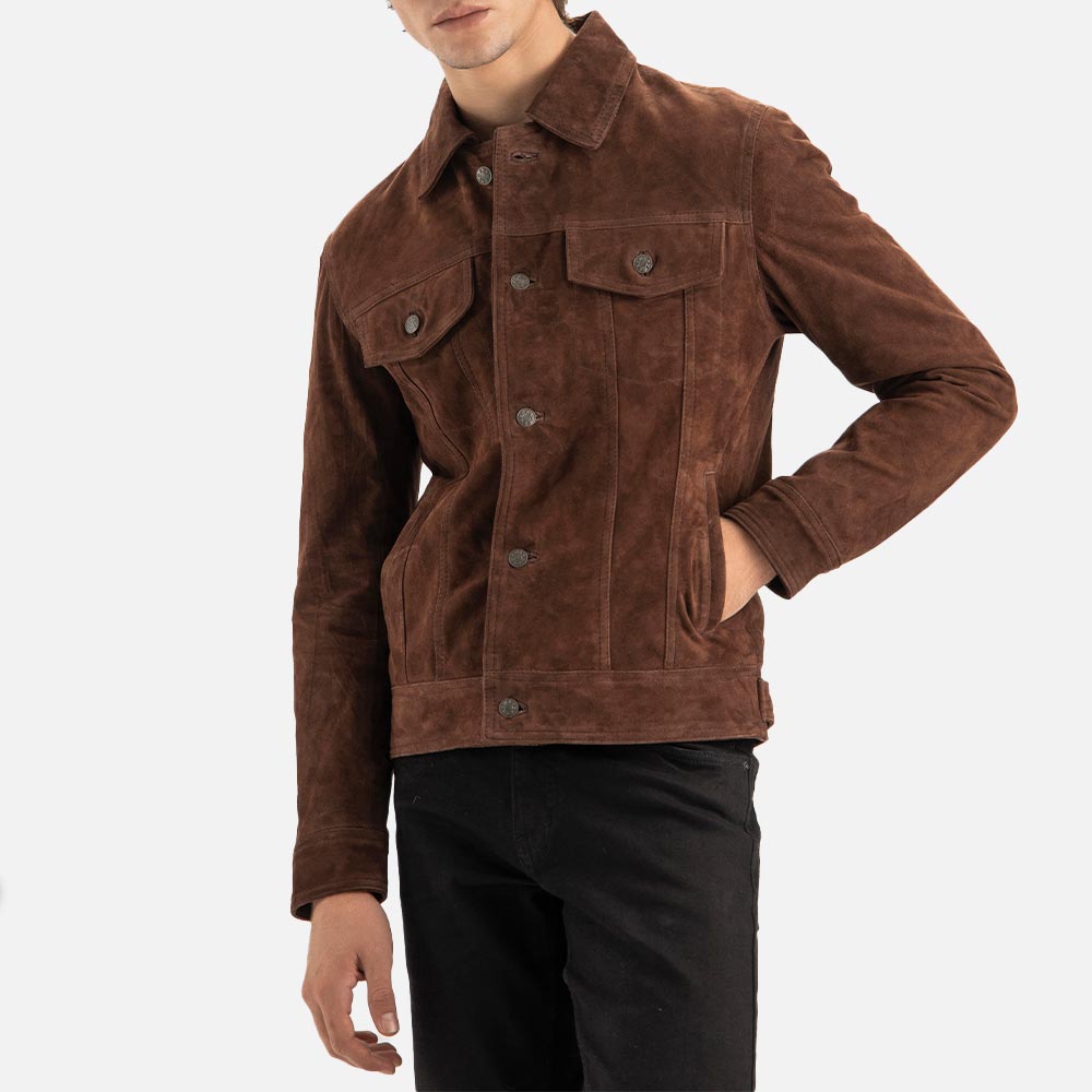 Napoli Brown Suede Leather Trucker Jacket one hand in pocket