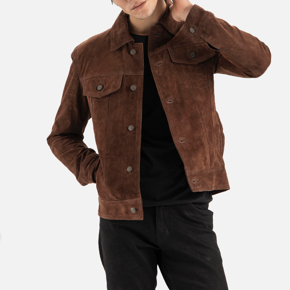 Napoli Brown Suede Leather Trucker Jacket right hand in poccket
