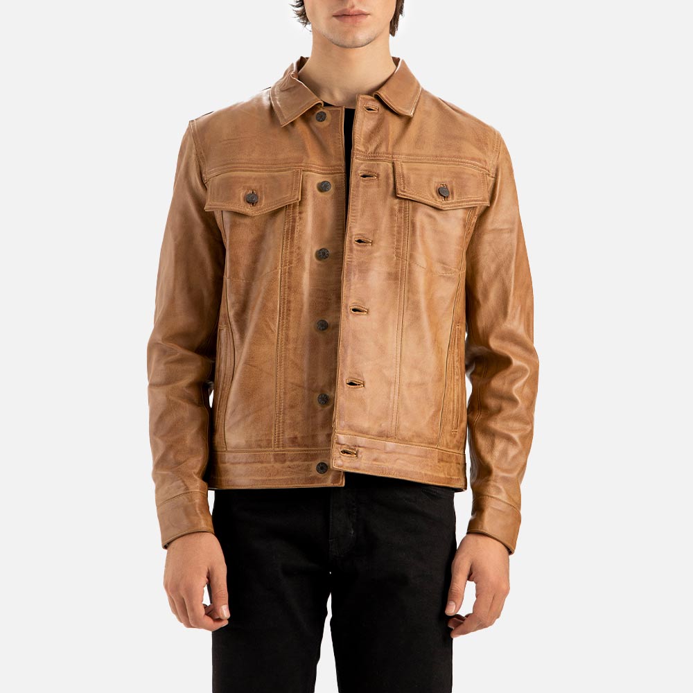 Napoli Tan Leather Trucker Jacket front
