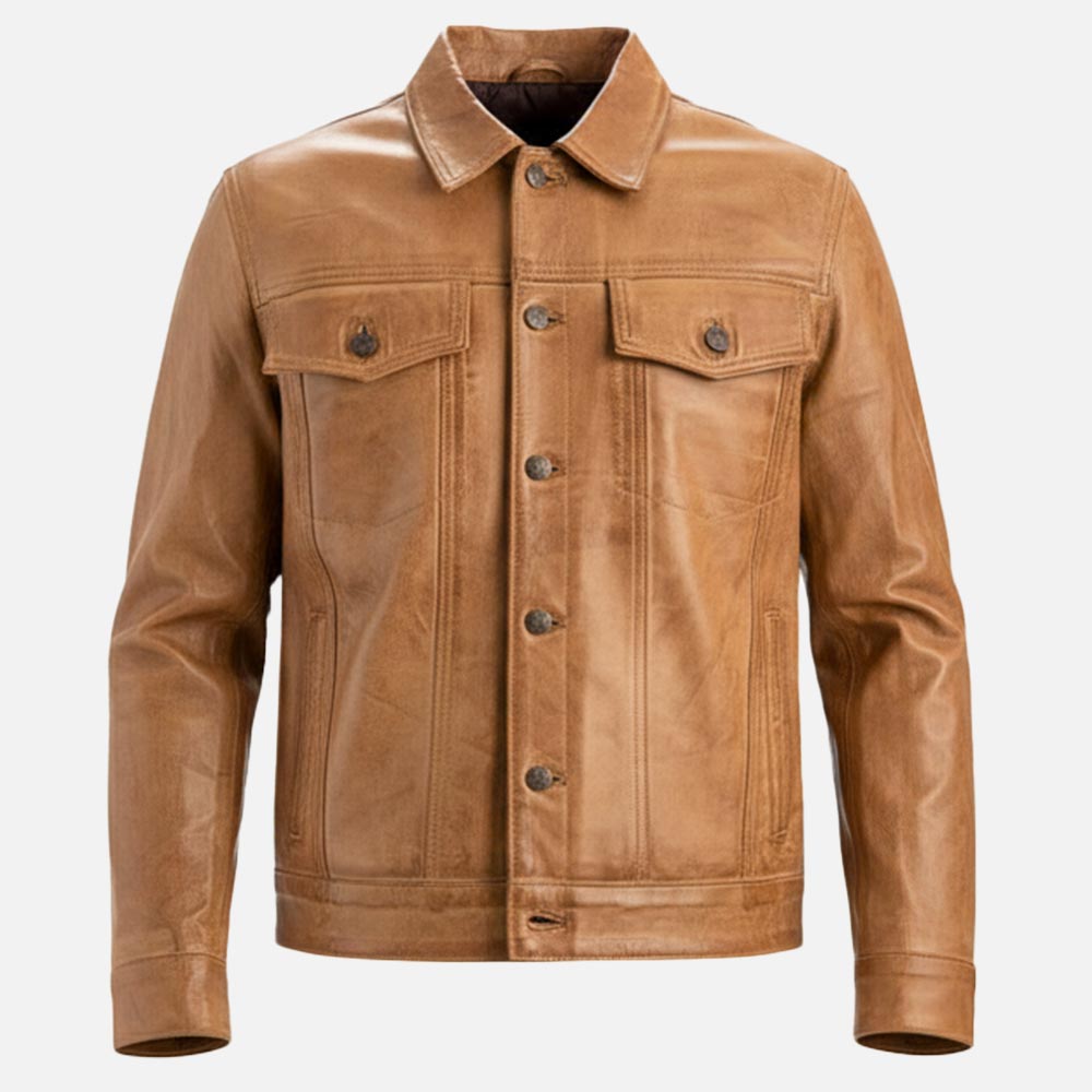 Napoli Tan Leather Trucker Jacket front view 