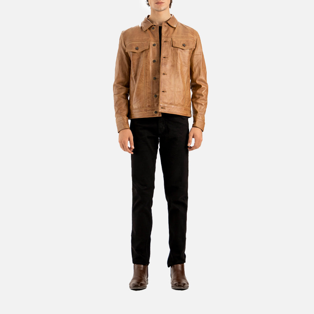 Napoli Tan Leather Trucker Jacket full front view