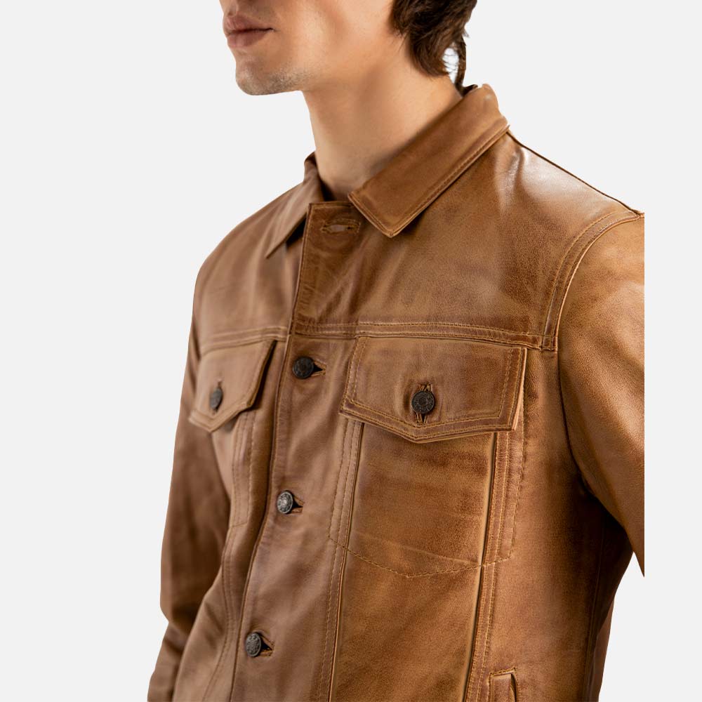 Napoli Tan Leather Trucker Jacket half face