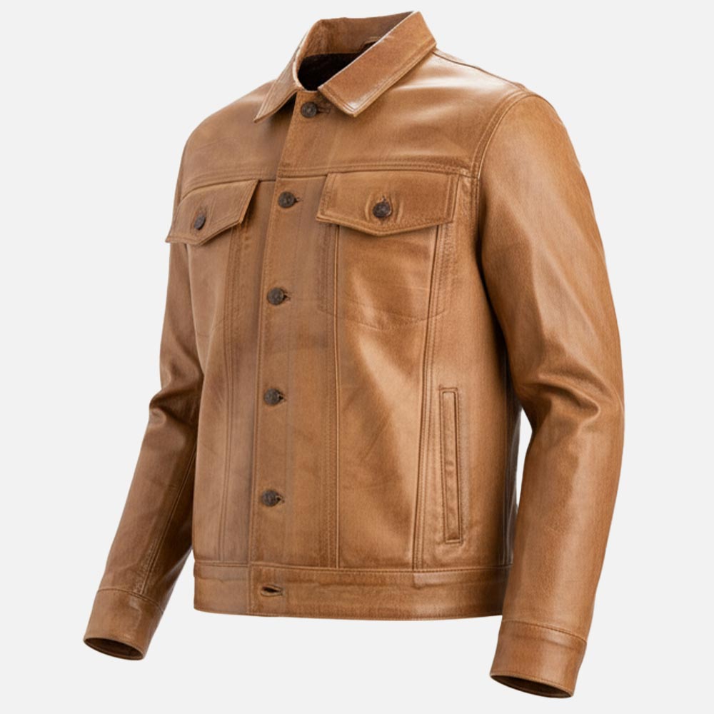 Napoli Tan Leather Trucker Jacket left