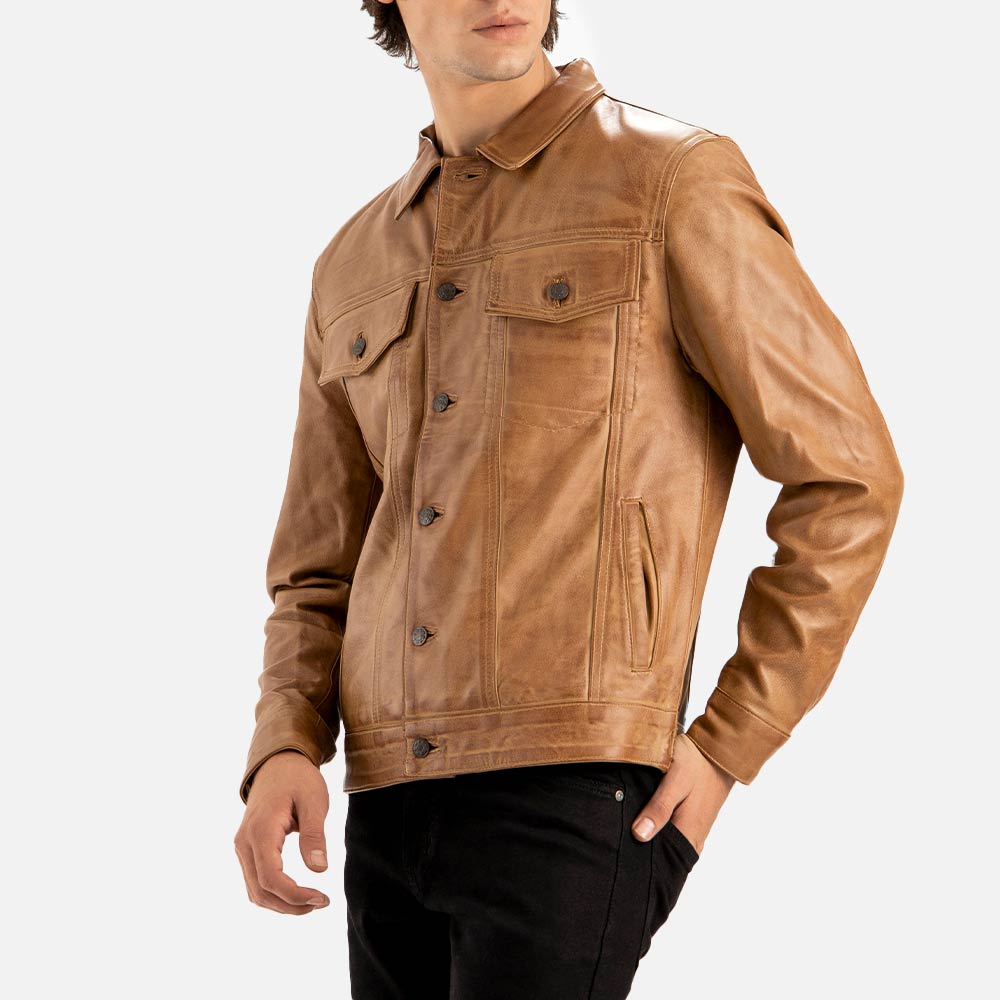 Napoli Tan Leather Trucker Jacket left hand