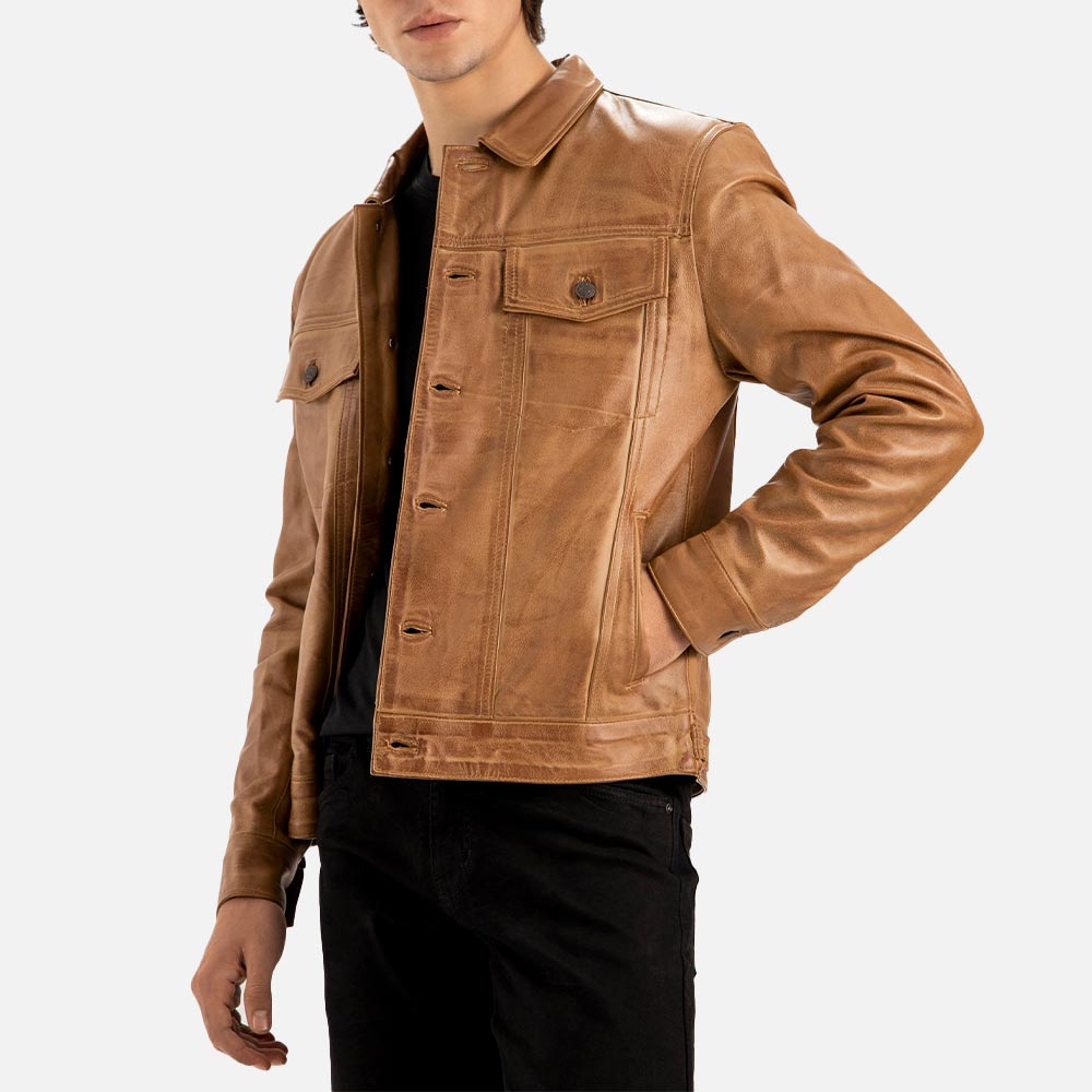 Napoli Tan Leather Trucker Jacket left hand in pocket