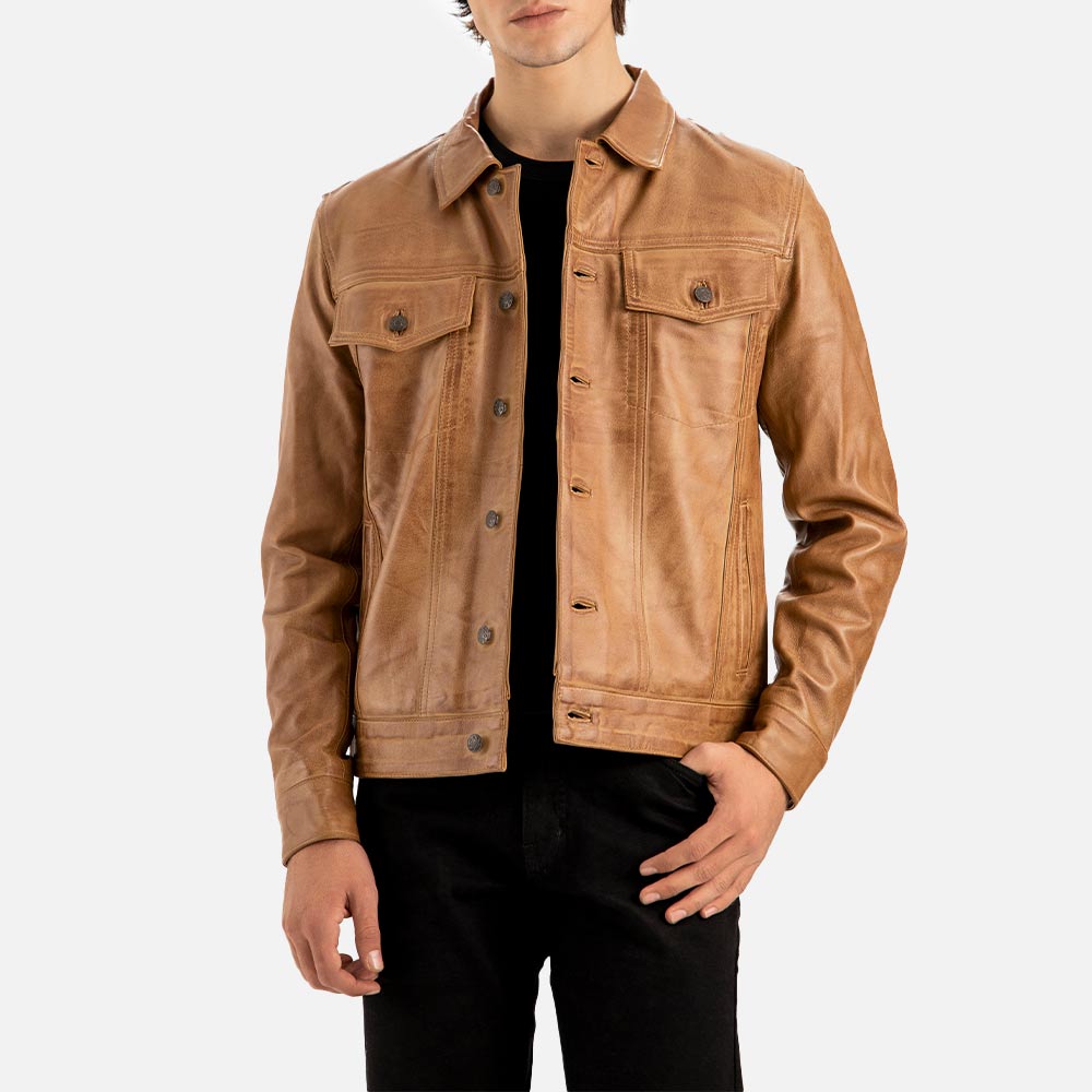 Napoli Tan Leather Trucker Jacket one hand in poket