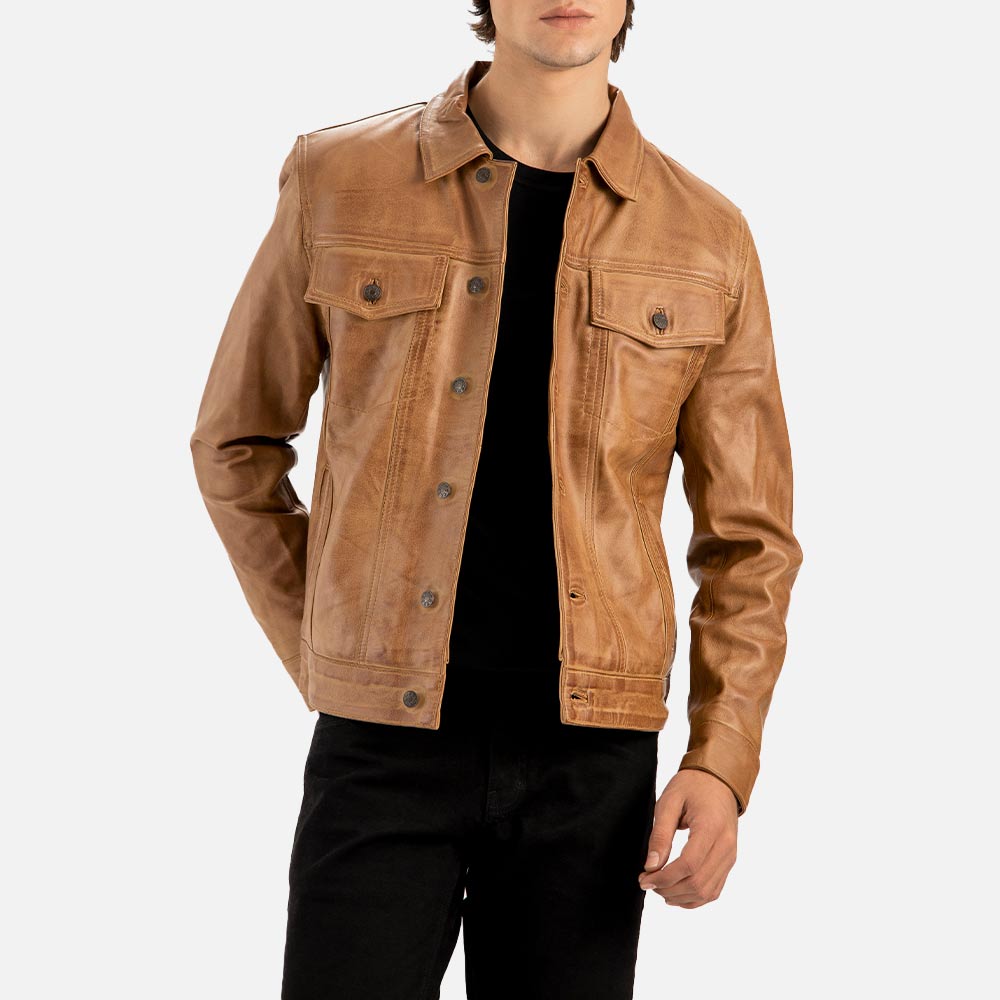 Napoli Tan Leather Trucker Jacket right hand is back