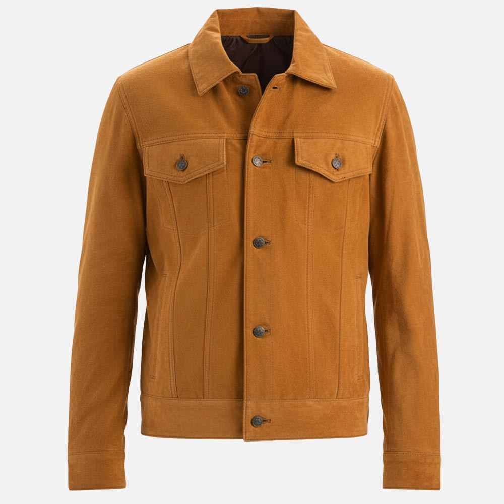 Napoli Tan Suede Leather Trucker Jacket both hand